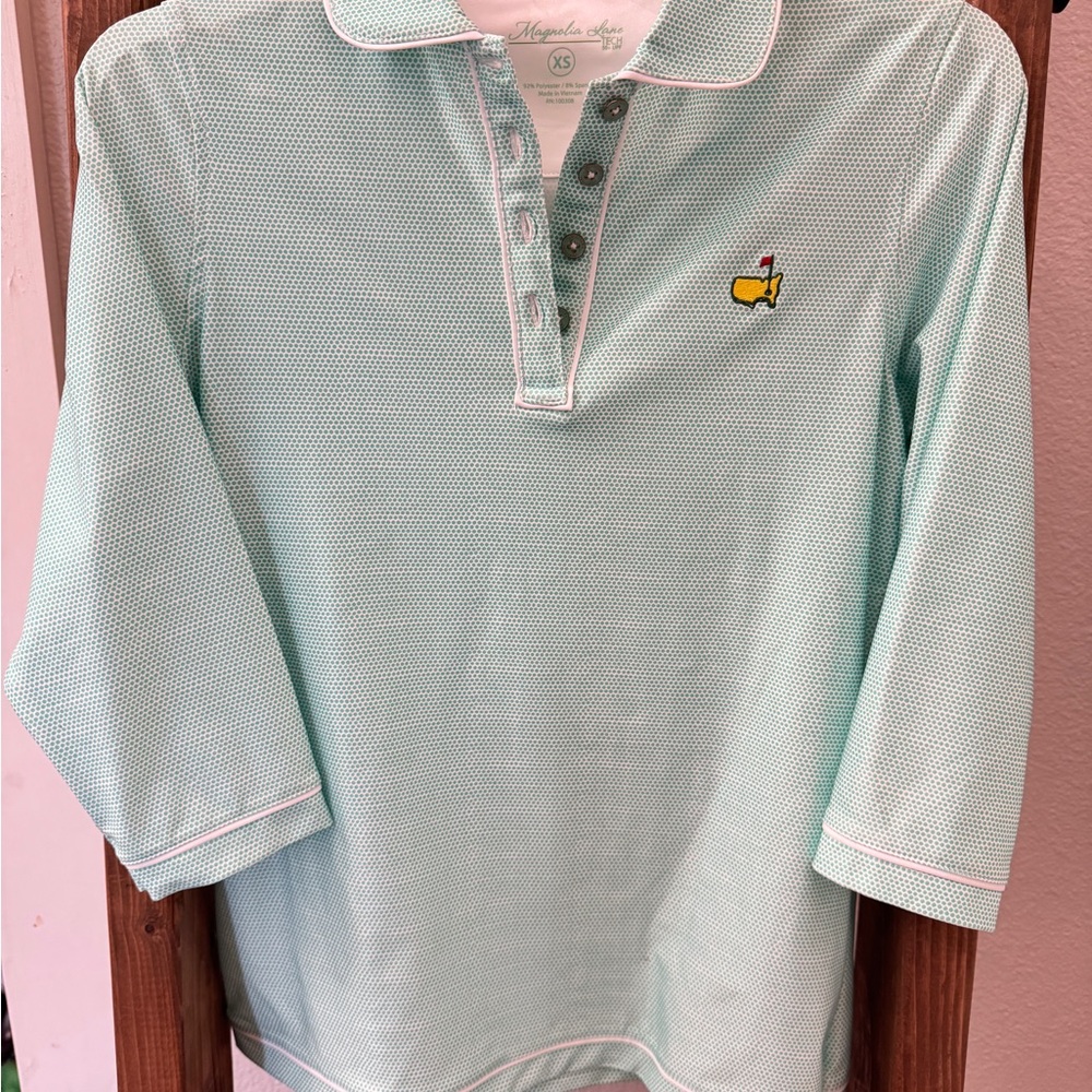 Ladies Masters light weight 3/4 length sleeve pullover-white and teal polkadot
